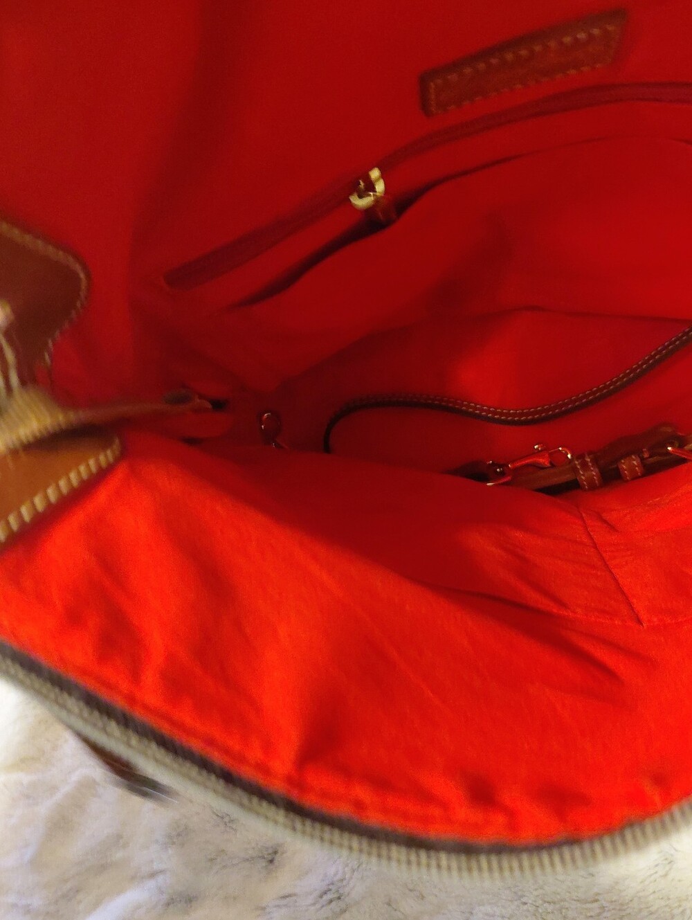 Dooney & Bourke Red Plaid Crossbody with Brown Leather Trim and Tassel. - Picture 3 of 6